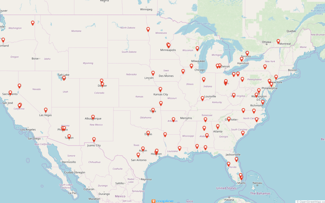 Map of Exserv's nationwide office furniture installation, office furniture removal, and commercial moving jobs.